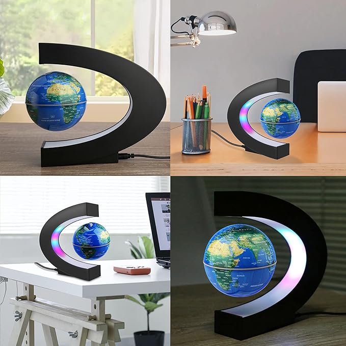 REHAVE Novelty Gifts for Kids, Boys, Girls, Birthday Gift for Men, Gifts for Boss, Boyfriend, Graduation Gift for Him, Magnetic Levitation Floating World Map Globe with C Shape Base, With LED Lights