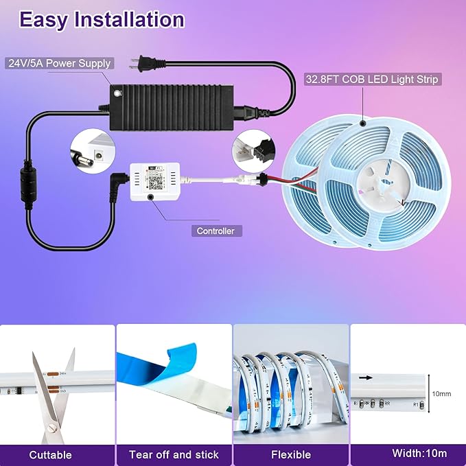 INDARUN RGB COB Led Light Strip with Smart IC, 24V COB Led Strip Light 32.8ft, 10mm Width, 5760 LEDs, RGB Color Changing Light for TV Backlight, Flexible Led Tape Light for Christmas Party, Room Decor