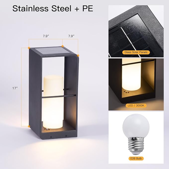 17" Tall Solar Floor Lamp, 3000K LED Solar Lanterns Outdoor Waterproof, Modern Outdoor Lights for Patio, Large Pathway Lights Solar Powered, Dusk to Dawn Floor Lamps for Yard Pathway Garden Porch