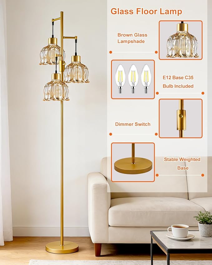 Lightdot 3-Light Lotus Floor Lamps 65'' Dimmable Floor Lamp with Brown Glass Shade& E12 Bulbs Included, Mid Century Tall Flower Lamp for Living Room/Bedroom/Sofa Beside/Corner Decor-Gold