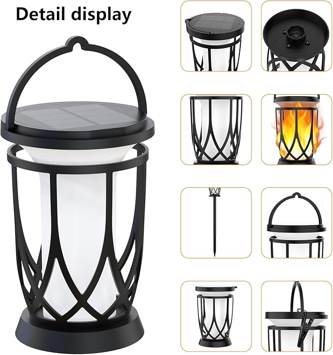 Solar Lanterns Outdoor Waterproof ,2 Pack Flickering Solar Flame Lights Upgraded Hanging Flame Lantern Pathway Torch Light Table Lamp, Auto On/ Off Porch Yard Gifts(2 Lighting Modes)