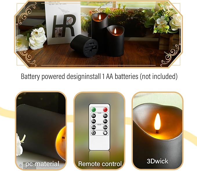 Flameless Candles with Remote Timer, Battery Operated Realistic Flickering LED Candles, 9 Packs Fake Candles for Home Decor (D3 x H 3" 4" 5" 6" 7") (Black)