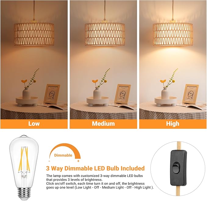 Plug in Pendant Light Rattan Hanging Lamp, Boho Hanging Lights with Paper Woven & Fabric 2 in 1 Shade, 3-Way Dimmable Bulb Included, Ceiling Light Fixture for Living Room,Bedroom,Farmhouse