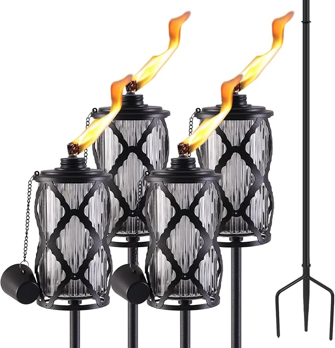 Home Garden Torch Set of 4, Large Capacity 16oz Outdoor Glass Torch Garden Décor,58-Inch Upgraded Citronella Torches with 3-Prong Grounded Stake, Torches for Party Patio Pathway