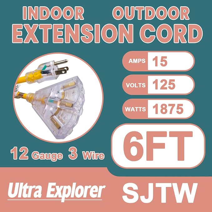 6 Ft Lighted Outdoor Extension Cord with 3 Electrical Power Outlets - 12/3 SJTW Heavy Duty Yellow Extension Cable with 3 Prong Grounded Plug for Safety, UL Listed