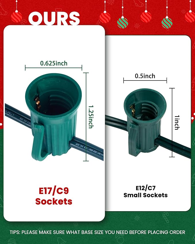 Brightown C9 Light Strand, 50FT Green Cord Outdoor String Lights Christmas Stringer with 12" Socket Spacing, C9/E17 Intermediate Base Indoor/Outdoor Stringer Set for Christmas Decor Patio