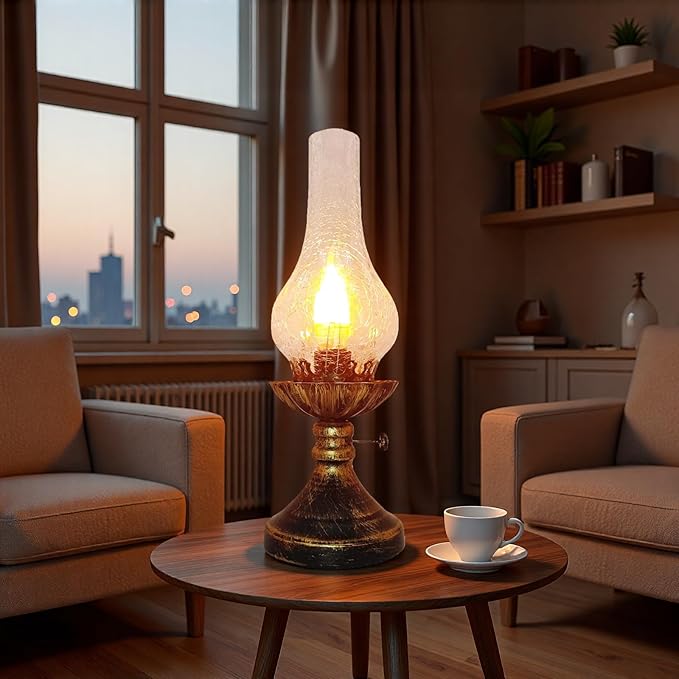 Vintage Table Lamp - 3 Modes Dimmable Retro Rustic Desk Lamp with Crackle Glass Shade, Antique Victorian Style, E26 Bulb Included, Ideal for Bedroom, Living Room, Home Decor (Transparent-Gold)