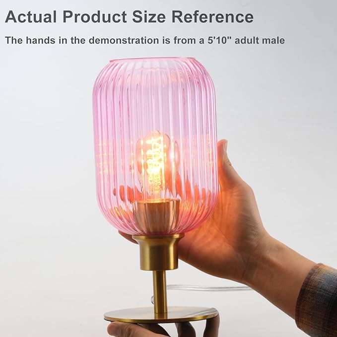 Mid Century Glass Table Lamp,Dimmable Desk Lamp,LED Bulb Included,Timer Build-in,Pink Ribbed Glass