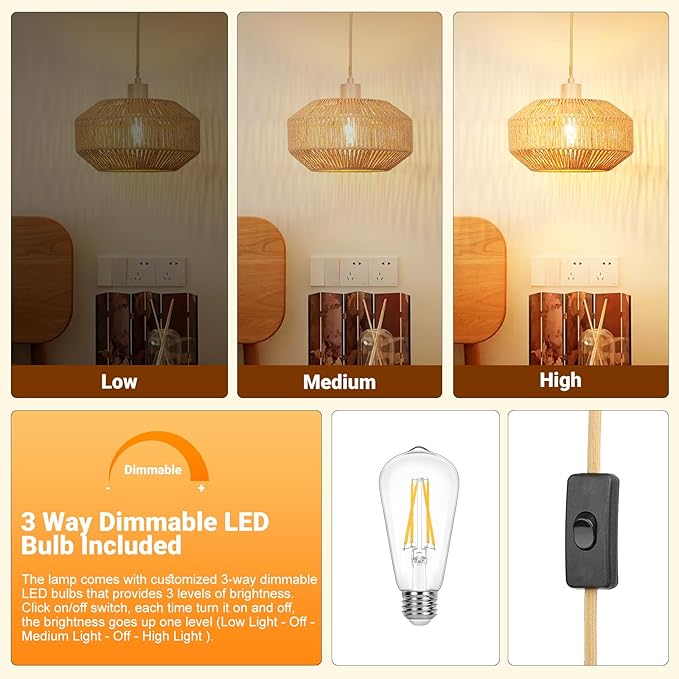 Rattan Pendant Light Plug in - 15ft Hanging Lamp Cord with Switch, Boho Hanging Light Fixture, Handwoven Boho Lamp for Living Room, Bedroom, Kitchen Island, Hallway (3 Brightness Levels)
