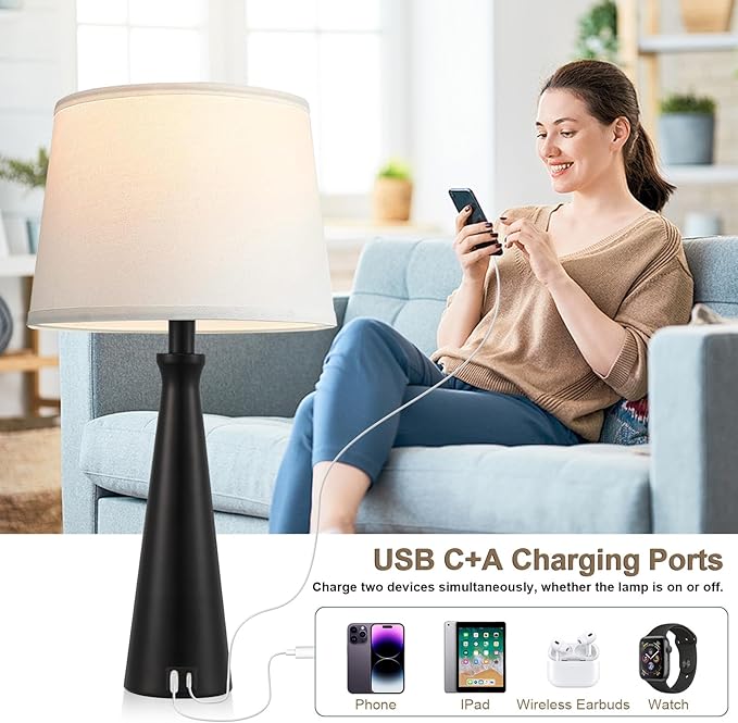 Seealle Single Modern Table Lamp - Touch Bedside Lamp for Nightstand with USB C+A,3-Way Dimmable Black Nightstand Lamp for Living Room Bedroom End Table(Bulb Included)