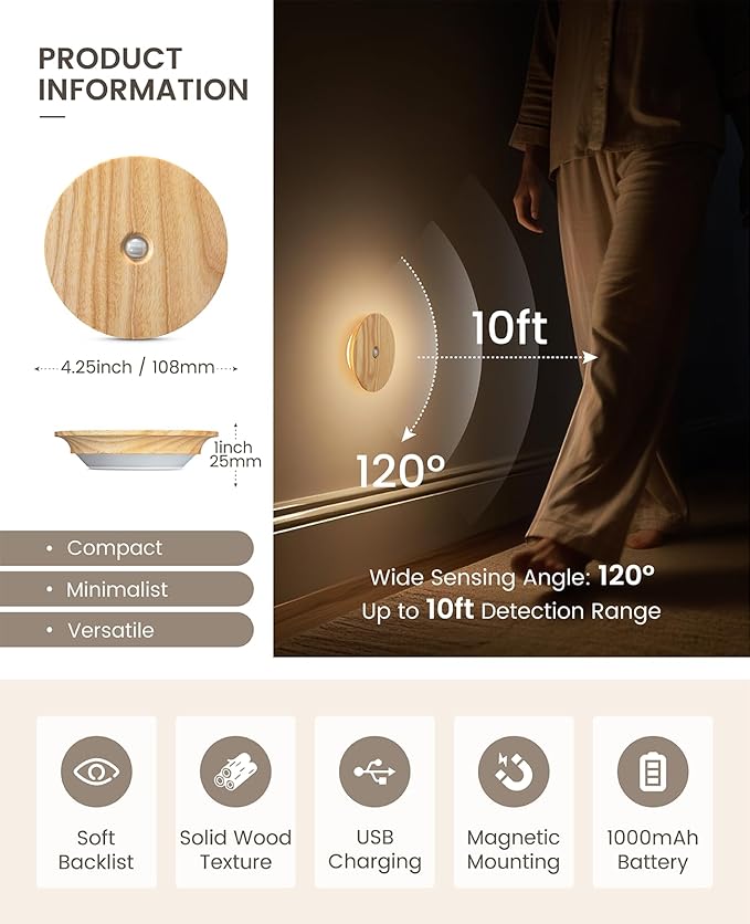 Motion Sensor Night Light Wood, Rechargeable Battery-Powered Magnetic Stick-On Night Light Wall Light for Indoor Stairs, Hallway, and Bedroom, Ash Wood