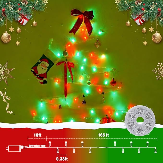 QITONG Red and Green String Light Outdoor Waterproof, 165ft 500 LED Clear Wire Christmas Lights Indoor, 8 Modes Twinkle Xmas Light Plug-in