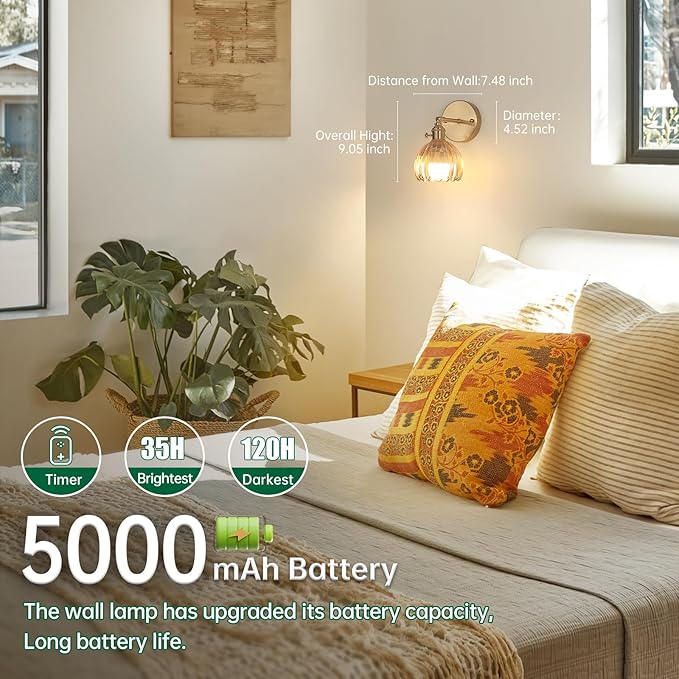 Vintage Battery Operated Wall Sconce with Amber Tulip Glass Lampshade 5000 mAh Rechargeable Battery Powered Wall Light with Remote Control for Bedside Bedroom Doorway, Set of 2