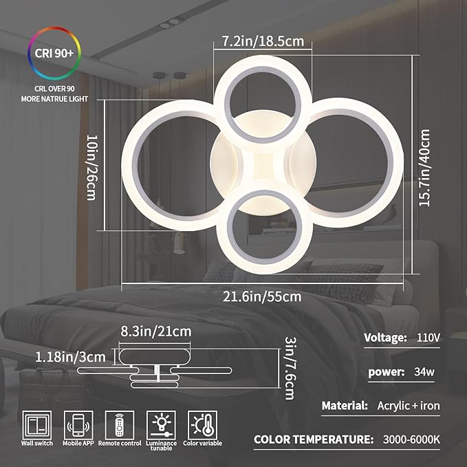 34W LED Ceiling Light with Remote, 3000-6000K Dimmable Modern Flush Mount Ceiling Lighting Fixture White 4 Rings Round Chandelier Ceiling Lamp for Small Room, Bedroom