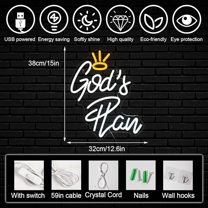 Horseneon God's Plan Neon Led Sign, God Neons Sign for Wall Decor, White Letter Neon Lights Signs with USB Powered for Bedroom, Living room, Wall Art Decoration