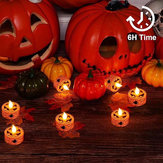 GenSwin Halloween Tealights Candles Battery Operated, 12 Pack Tea Lights Flameless Candles with Timer, Orange LED Votive Flickering Candles with Pumpkin Face and Spiderweb Prints for Halloween Decor