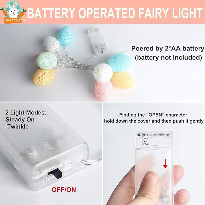 TURNMEON 2 Pack Easter Lights String Easter Decorations, Total 10 Ft 20 LED 3D Jumbo Crack Egg Light Easter String Lights Battery Operated for Home Indoor Outdoor Bedroom Eggs Hunt Party Decor