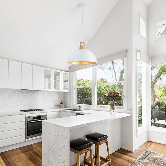 Generies 18'' White Pendant Light Modern Large Farmhouse Pendant Lighting Fixtures Industrial Rustic Dome Chandelier for Kitchen Island Farmhouse Dining Living Room