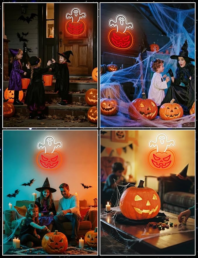 Ghost Pumpkin Halloween Window Lights Neon Signs for Indoor Wall Decor, Halloween LED Neon Light Decoration Sign for Party Doors Window (Ghost Pumpkin)