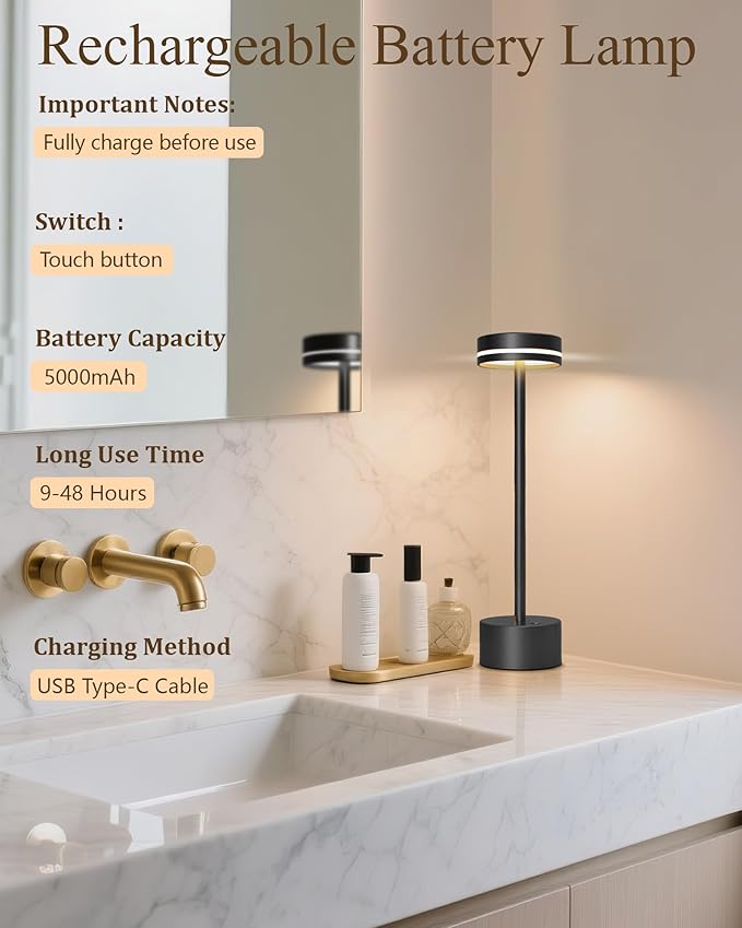 2 Pack LED Cordless Table Lamp Rechargeable, 5000mAh Portable Battery Operated LED Desk Lamp, 3 Color Dimmable Table Light for Reading/Home Office/Dining/Nightstand for Home Décor – Black