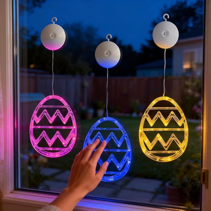 Easter Window Lights Decorations, 3 Pack Easter Hanging Window Decor Pink Yellow Blue Egg Lights with Suction Cup, Indoor Battery Operated Egg LED Holiday Lamp for Home Door Window (Pink Yellow Blue)