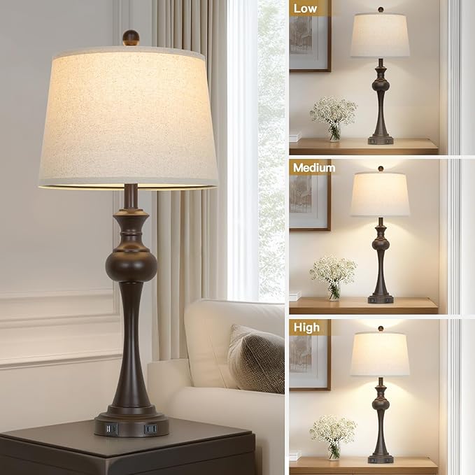 29" Tall Brown Table Lamp, 3-Way Dimmable Touch Control Bedside Lamp with USB A+C & AC Outlet for Bedroom, Living Room (1 Pack)
