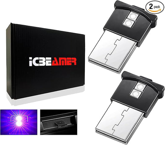 ICBEAMER 2 pcs Mini Smart USB Type-A | Color: Purple | LED Night Light for Car Interior, Trunk, Center Console. Easy Plug-in, Enhance Automotive Ambiance, Perfect for Night Use.