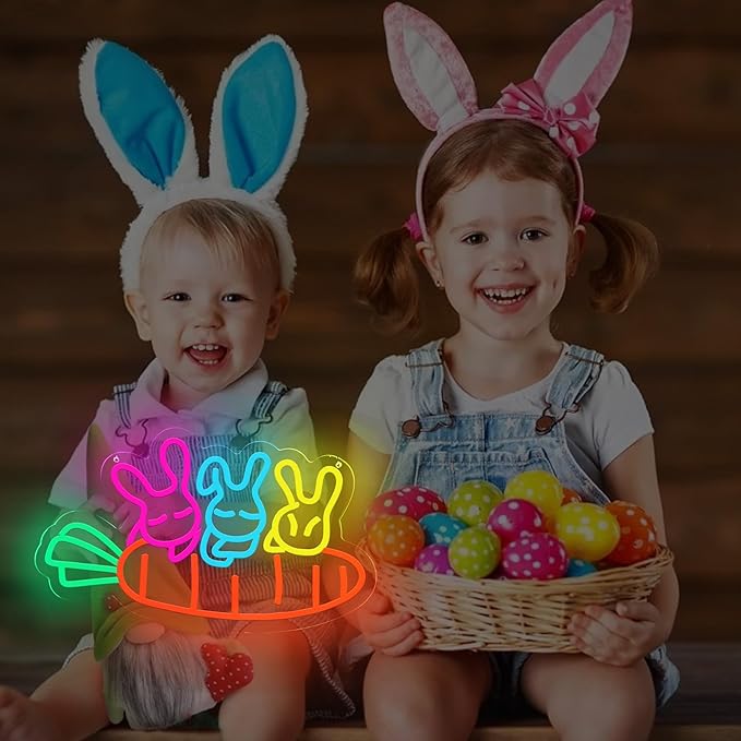 Easter Sign Rabbit Neon Sign for Easter Window Decorations, Cute Led Bunny Carrot Light UP Party Sign Home Room Decor, Wall Decor, Easter Gifts for Kids