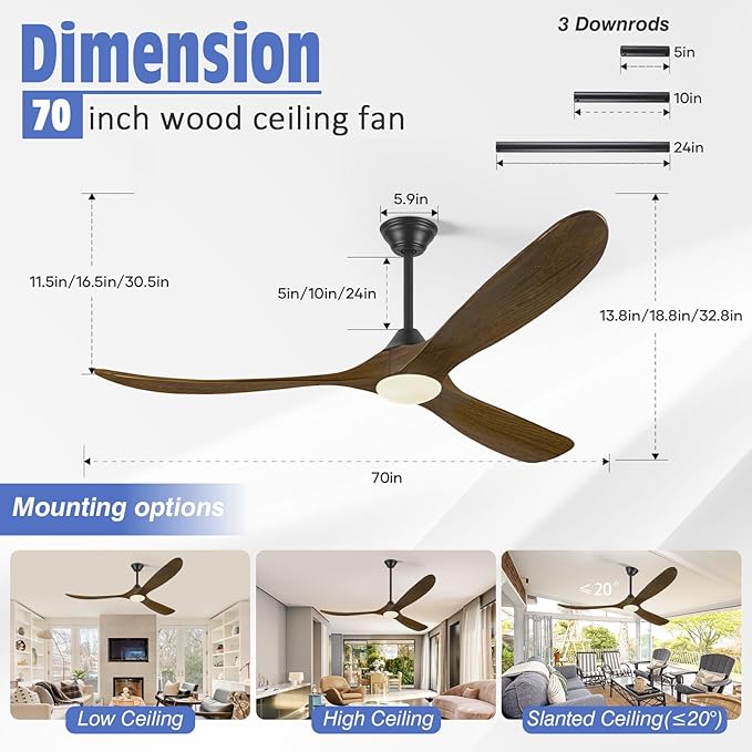 70 Inch Outdoor Ceiling Fan with Light, 3 Blade Wood Rustic Ceiling Fans with Lights Remote 6 Speed, High CFM Farmhouse Ceiling Fan for Patios Gazebo Shop Garage, Quiet Reversible Dc Motor
