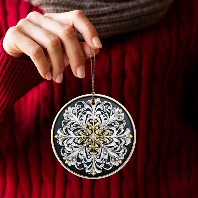 Tribal Bohemian Flowers Christmas Ornaments, Christmas Decorations Xmas Tree Hanging Ornaments, Round Ceramic Festive Keepsake Gift for Xmas Decorations Holiday Home Decor