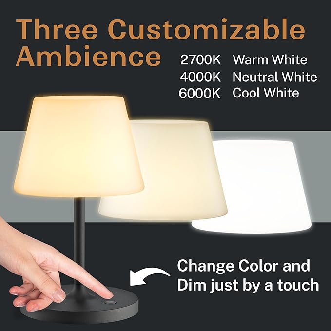 Cordless Lamp, 5000mAh Battery Operated Rechargeable Table Lamp with Power Bank, Touch Dimmable 3 Color Temperatures, IP44 Waterproof Shower Lamp for Kitchen, Bathroom, Indoor Or Outdoor Use 9.6in