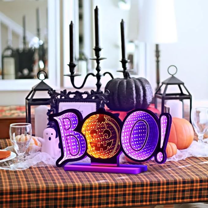 MEETYAMOR Halloween Decorations Indoor, BOO Pumpkin Infinity Mirror Tunnel Light for Halloween Decor, Night Lights with Endless Extension for Home Living Room Bedroom Mantel Table Centerpiece Lamp