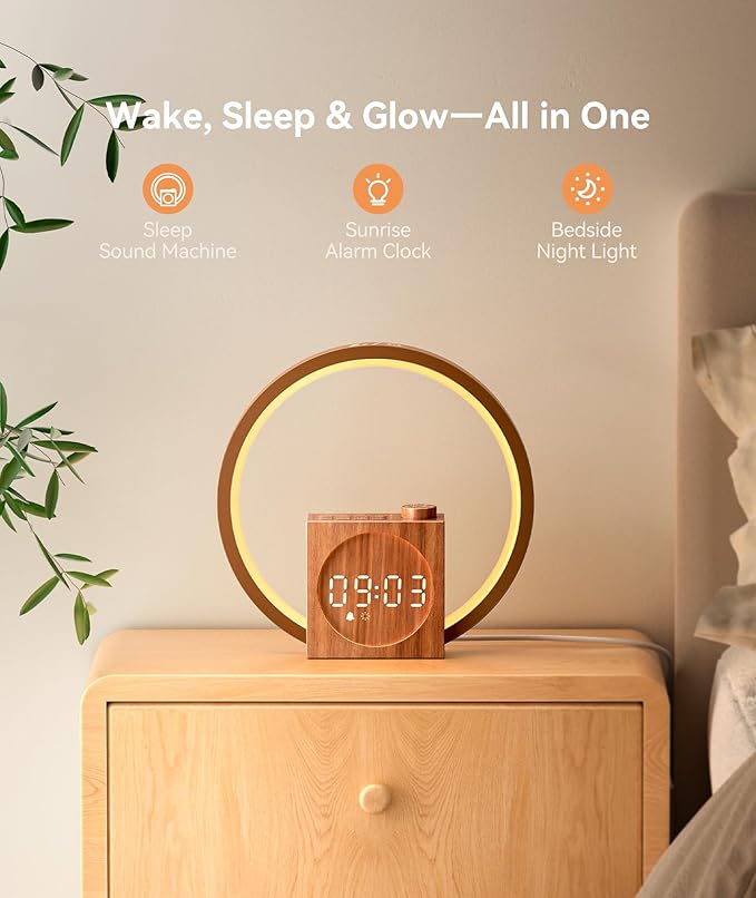 Dreamegg Sunrise Alarm Clock - Sound Machine for Sleep, 12 Ambient Colors &20-Level Dimmable Night Light, 25 Soothing Sounds, White Noise Machine, Wake Up Light for Adults, Stylish Bedroom Decor&Gift