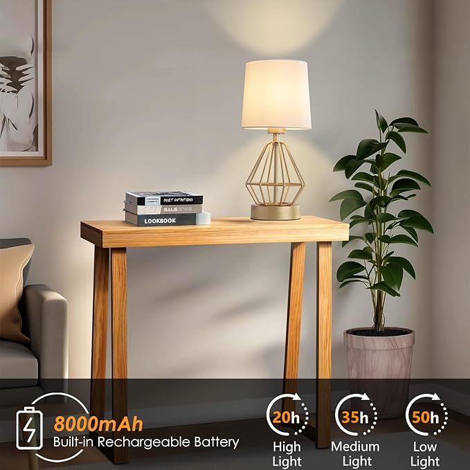 Gold Cordless Lamp Set of 2,Touch Stepless Dimming,8000mAh Rechargeable Battery Table Lamp,Gold Cage Frame Wireless Lamp,White Lampshade,14.7inches Tall