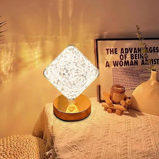 Crystal Table Lamp, Touch Control Nightstand Light with 3Color Temperature, USB Rechargeable Bedside Light for Bedroom Living Room Desktop Bar Cafe Office Indoor Decoration(Diamond)