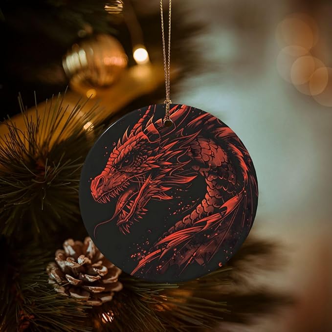 Cartoon Red Dragon Christmas Ornaments, Christmas Decorations Xmas Tree Hanging Ornaments, Round Ceramic Festive Keepsake Gift for Xmas Decorations Holiday Home Decor