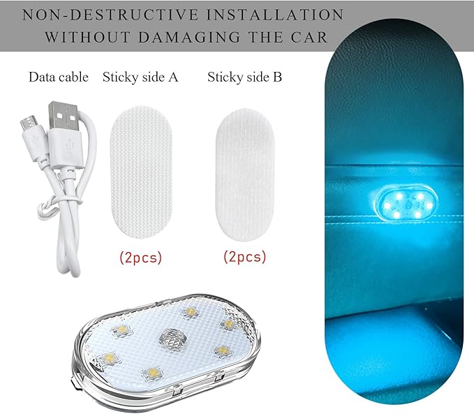 2 PCS Car LED Lights Interior Wireless, Sticky Car Ambient Lighting with 6 Bright LED Lamp Beads, Portable USB Rechargeable Vehicle Interior Led Night Light for Car (Ice Blue)