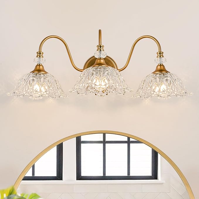 Vintage Bathroom Vanity Light, 3-Light Matte Brass Finish Vanity Light with Floral Clear Glass Shades, Retro Wall Sconce for Bathroom, Dressing Table