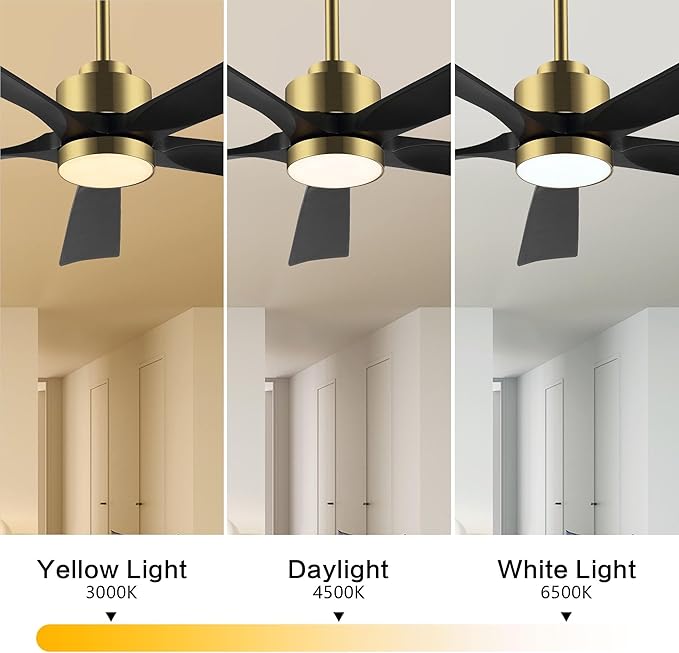 ELEHINSER 60" Modern Ceiling Fan with Light and Remote Control, 5 Solid Wood Blades 6-Speed Noiseless Reversible DC Motor, Ceiling Fan for Bedroom Dinning Living Room, Gold Finish with Black Blades