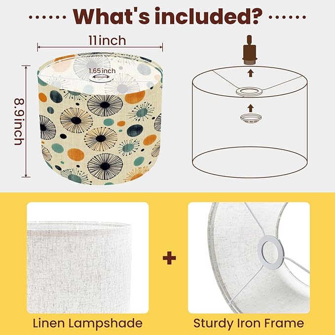 Drum Lamp Shade Mid Century Vintage 1950s Modern Retro Atomic Pattern Circular Flower Lampshade for Floor Lamps Table Lamps Pendant Light 8.9"x11" Linen Lampshades Replacement Large Lamp Shade