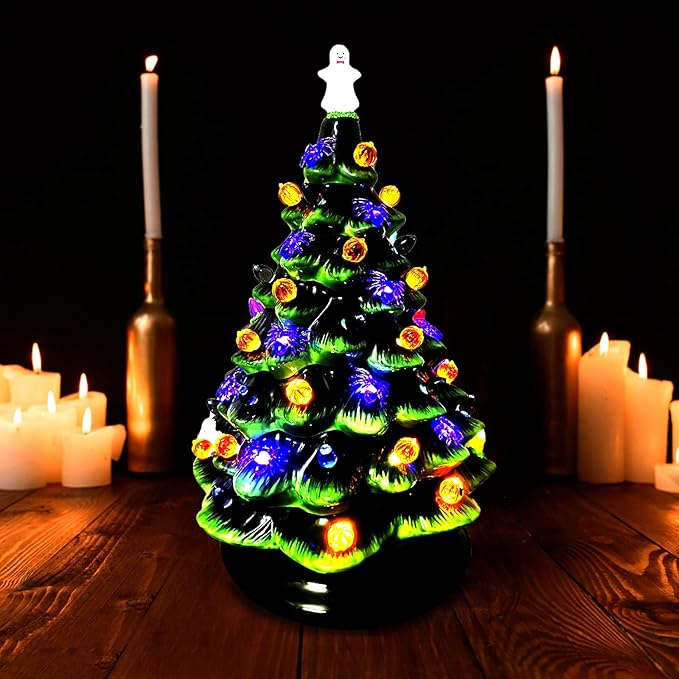 117pcs Halloween Ceramic Tree Replacement Lights Bulbs, Including Spider/Pumpkin Head/Grey Flame & 2pcs Themed Tree Tops (Including Ghost/Pumpkin King) for Decorating Holiday Trees, Etc.