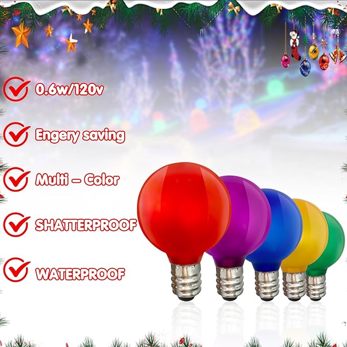 25 Pack Frosted Multicolor LED Christmas Light Bulbs,Shatterproof & Waterproof Plastic G40 Led Bulbs for Outdoor String Lights,E12 LED Color Light Bulbs for Outside Christmas Tree Holiday Decoration