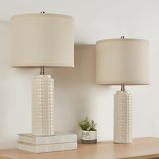 Luvkczc 24.8" Modern Ceramic Bedside Lamp Set of 2, 3 Color Temperature&Bulbs Included - Farmhouse Nightstand Lamps for Living Room Bedroom End Table Office Entryway