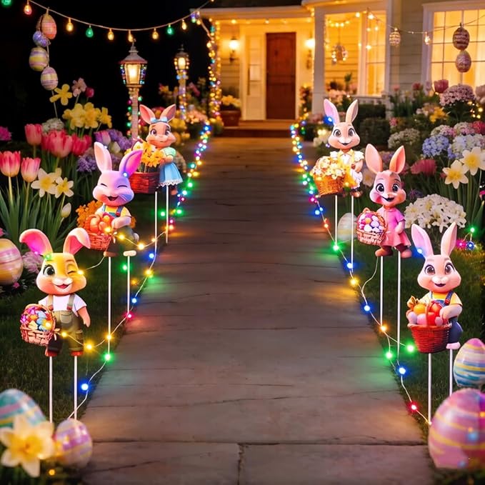 Outdoor Easter Decorations with 393.7 Inch LED Light for Home Bunny Porch, Plastic Easter Outdoor Bunny Yard Decorations, 6 Pcs, 13.78 x 9.45 In