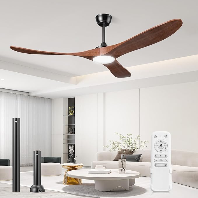 Ceiling Fans with Lights and Remote, 3 Solid Wood Blades, Outdoor Wooden Ceiling Fan with 2 Downrods for Patios, 60 Inch Modern Ceiling Fan with Noiseless Reversible DC Motor (Dark Walnut)