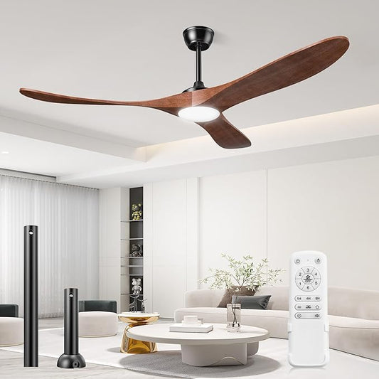 Ceiling Fans with Lights and Remote, 3 Solid Wood Blades, Outdoor Wooden Ceiling Fan with 2 Downrods for Patios, 60 Inch Modern Ceiling Fan with Noiseless Reversible DC Motor (Dark Walnut)