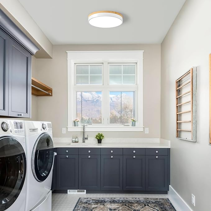 Dimmable Wood LED Ceiling Light Fixture, White Round Low Profile Flush Mount Ceiling Lighting, Modern 5CCT 2700K-6000K Ceiling Lamp for Living Room Hallway Kitchen Bedroom, 15.8in, YY20240516D