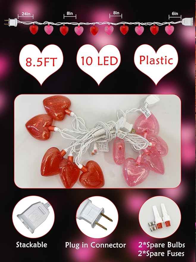 SUNSGNE Heart String Lights, 8.5Ft Valentines Lights with 10 LED Red and Pink Heart Bulbs for Indoor Outdoor Home Room Party Wedding Mother's Day Valentine's Decor