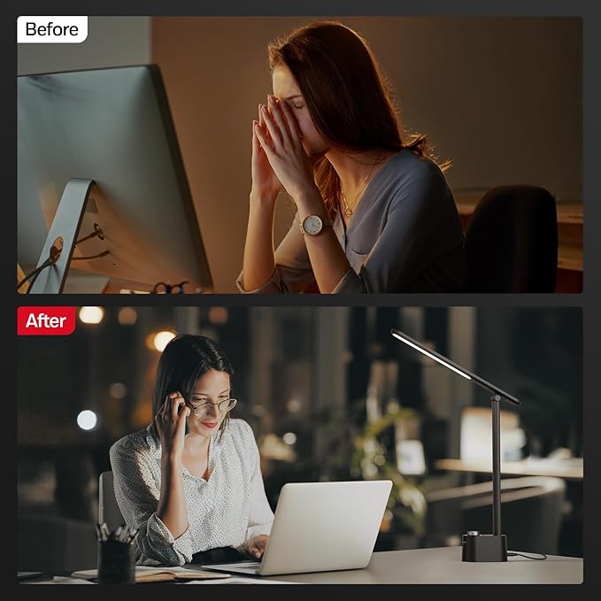 Honeywell LED Desk Lamp - Sunturalux Desk Lamps for Home Office with USB A+C Charging Ports, Stepless Dimmable Eye-Caring Foldable Desk Light for Table Bedroom Bedside Reading(Black)