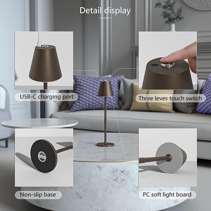 4-Pack Cordless Table Lamps - 5000mAh Rechargeable Battery Operated Desk Lamp, 3-Level Dimmable LED Night Light for Bedroom, Dining, Restaurant - Metal Design(Kahaki-4PACK)
